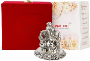INTERNATIONAL GIFT Silver Plated Pagdi Ganesh Idol Statue With Box & Bag | For Pooja, Mandir Religious Tile
