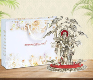 INTERNATIONAL GIFT Silver Plated Radha Krishna Tree Idol Statue | Box & Bag | For Pooja, Mandir Decorative Showpiece  -  21 cm