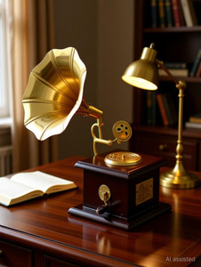 Fashion Bizz ANTIQUE SHOWPIECE BRASS AND WOODEN GRAMOPHONE Decorative Showpiece  -  23 cm