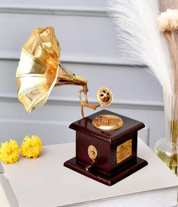 Fashion Bizz ANTIQUE SHOWPIECE BRASS AND WOODEN GRAMOPHONE Decorative Showpiece  -  23 cm