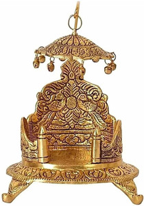 Indra Art Collection Singhasan Oval Shaped for Ganesha Krishna God Idols - Gold Plated Ladoo Gopal Pooja Chowki for Temple Mandir Puja Idol Decoration Items Decorative Showpiece  -  18 cm