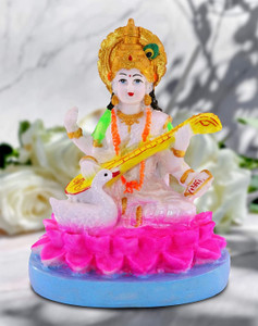 Idole Marble Dust Beautiful Maa Saraswati Murti Sculpture Hindu Goddess Saraswati Ji Decorative Showpiece  -  8 cm