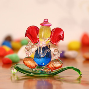 eCraftIndia Multicolor Crystal Lord Ganesha Idol On Leaf Statue Decorative Showpiece  -  6 cm