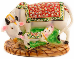 SHUBH CREATIONS Stone-Studded Kamdhenu Cow & Calf Marble Dust Idol Decorative Showpiece  -  7.5 cm