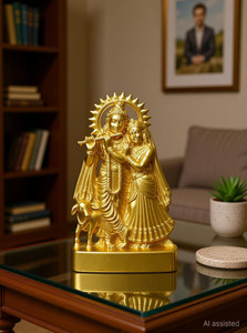 Divya Setu "Golden Radha Krishna Cow | Love Symbol Metal Idol for Home Decor & Gift" Decorative Showpiece - 10 cm