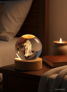 ZencraftWorks 3D Crystal Radha Krishna Lamp with Wooden LED Base Decorative Showpiece - 7 cm