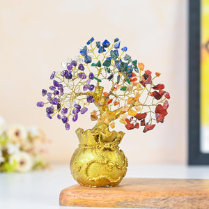 UNIQESCRYSTAL 7 Chakra Feng Shui Golden Money Bag Base Tree for Wealth,Home Decor Decorative Showpiece  -  20 cm