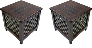 Giftoshopee Beautiful Antique Wooden Storage Table with Brass Cutting Design for Living Room Engineered Wood Bedside Table