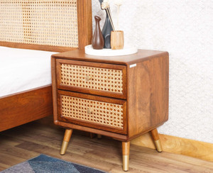 Tanishq Arts Sheesham Solid Wood Cane Bedside Table with Two Drawer for Bedroom | End Table Cane Bedside Table