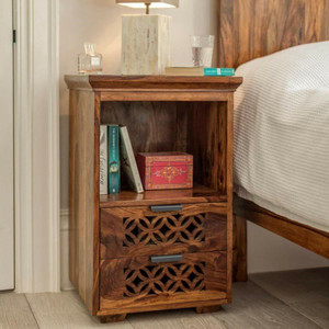 VARSHA FURNITURE Solid Wood Bed Side Table For Bed Room / Living Room| With Open & Drawer Storage Solid Wood Bedside Table
