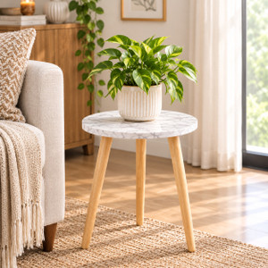 INDCART Small Round End Table MIni Table Side TableFaux Marble Top Solid Wood Side Table Engineered Wood Bedside Table