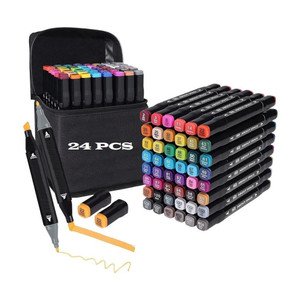 Belanto Dual Tip 24 Color Art Markers With Carrying Case For Kids Adult Painting Drawing Twin Head Chisel & Ultra Fine Permanent Colouring Marker Pens Nib Sketch Pens