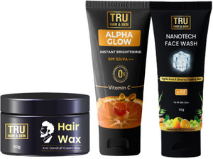 ट्रू हेयर एंड स्किन Hair Wax 50g+Alpha Glow Cream SPF50 25ml+Vitamin C Face Wash 50ml