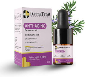 DermaTreat Essentials Anti-Aging Face Serum With 2% Hyaluronic, 2% Alpha Arbutin, 10% Niacinamide Acid & Peptides Improve Appearance Of Dark Spots, Tone, Fine Lines And Wrinkles 5ML
