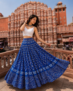 Gravel Grit Printed Women Flared Blue Skirt