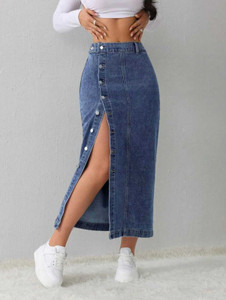 Nibiha Washed Women Straight Blue Skirt