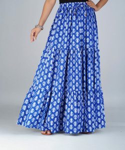 Kastoori Collection Floral Print Women Tiered Blue Skirt