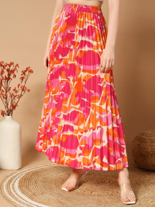 OTABU Floral Print Women Pleated Pink Skirt