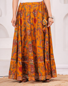 Clothy N Wave महिलाओं के लिए प्रिंटेड फ्लेयर्ड पीला स्कर्ट