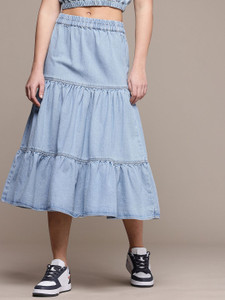 Roadster Solid Women Tiered Blue Skirt