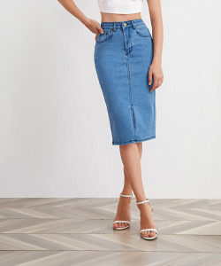 Leriya Fashion Solid Women Pencil Blue Skirt