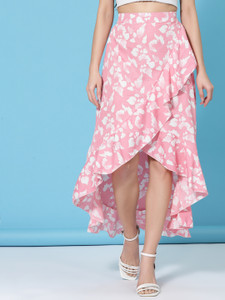 Oomph! Floral Print Women Flared Pink Skirt