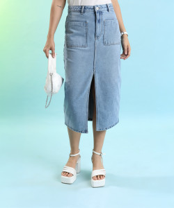 Tokyo Talkies Self Design Women Regular Light Blue Skirt