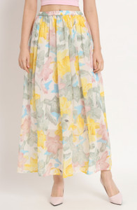 NUEVOSDAMAS महिलाओं के लिए फ्लोरल प्रिंट फ्लेयर्ड पीला स्कर्ट