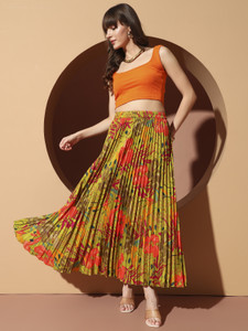 ZWERLON Printed Women Pleated Yellow Skirt
