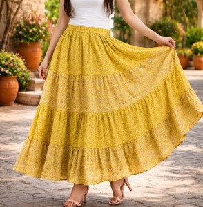 SHAHZADI ISRA Printed Women Flared Yellow Skirt