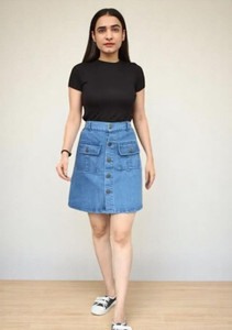 Qtsy Solid Women Regular Blue Skirt