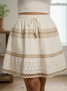 The House of Threads Solid Women Flared Beige Skirt