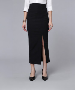 Purple Feather Solid Women Pencil Black Skirt