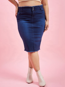 Purple Feather Washed Women Pencil Dark Blue Skirt