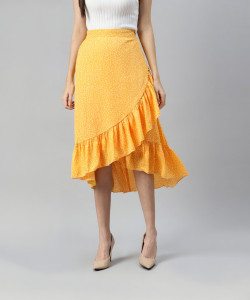 PLUSS Polka Print Women Asymetric Yellow Skirt