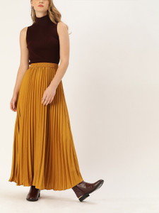 U&F Solid Women Pleated Yellow Skirt
