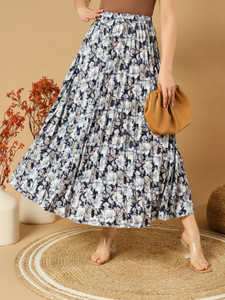 ZWERLON Floral Print Women Flared Dark Blue Skirt