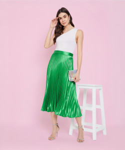Uptownie Lite Solid Women Pleated Green Skirt