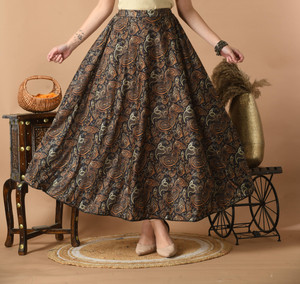 vagisha Printed Women Flared Gold, Black Skirt