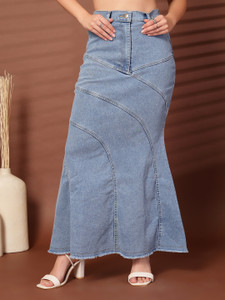 PLUSS Solid Women Straight Blue Skirt