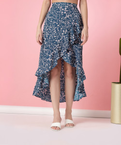 Oomph! Striped Women Asymetric Blue Skirt