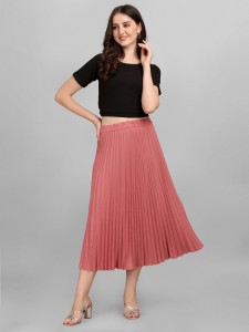 ZWERLON Solid Women Pleated Pink Skirt