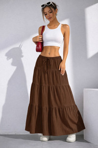 hug nation Solid Women Flared Brown Skirt