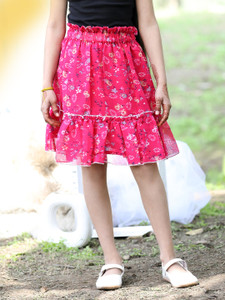 CUTIEKINS लड़कियों के लिए प्रिंटेड फ्लेयर्ड गुलाबी स्कर्ट