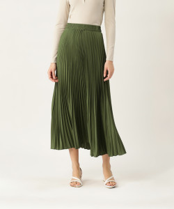 Wisstler Striped Women Pleated Green Skirt