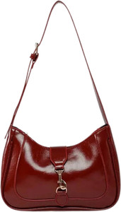 ITALISH Maroon Shoulder Bag Women Maroon Glossy Faux Leather Hobo Shoulder Bag with Adjustable Strap