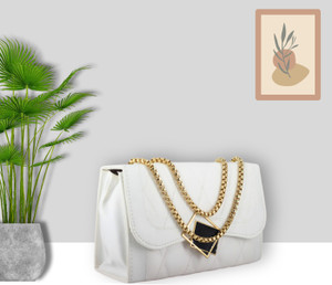 zufisha White Sling Bag Elegant White Vegan Leather Sling Bag for Women with Gold Chain Strap