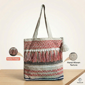 Navaa Orange Tote Boho Tassel Woven Shoulder Tote Bag for Women Ethnic Fringe Handbag