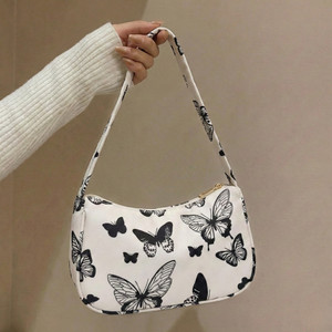 KRAPTICK White Shoulder Bag Y2K Aesthetic Bag Trendy Butterfly Print Baguette Handbag Underarm Purse