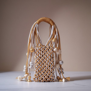 TrueNest Gold, White, Silver Hand-held Bag Handmade Mobile Purse for Women – Beaded Boho Mini Phone Pouc
